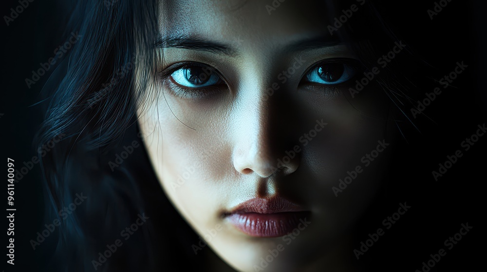 Dramatic portrait of an Asian woman s face, half in shadow, conveying intense empathy and strength, minimalist composition Dramatic portrait of an Asian woman s face, half in shadow, conveying intense empathy and strength, minimalist composition