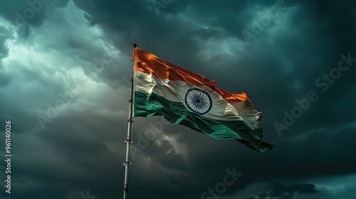 A beautiful Indian flag waving in the wind with dark storm clouds in the background. A cinematic shot. The Indian tricolour is orange, white and blue. photo