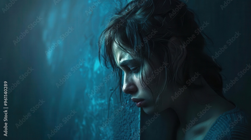 A woman with a sad expression stands in front of a blue, blurry background. Her face is illuminated by a soft light. A woman with a sad expression stands in front of a blue, blurry background. Her face is illuminated by a soft light.