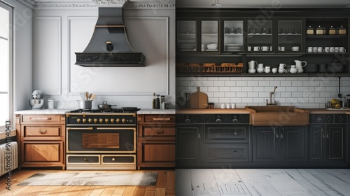 A visually striking image that contrasts a classic, wood-dominated kitchen with a sleek, dark-themed modern kitchen. The side-by-side presentation emphasizes the diverse approaches to kitchen design