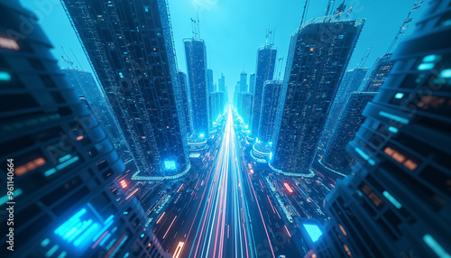 Futuristic Cityscape with Glowing Towers and a Highway of Light Trails