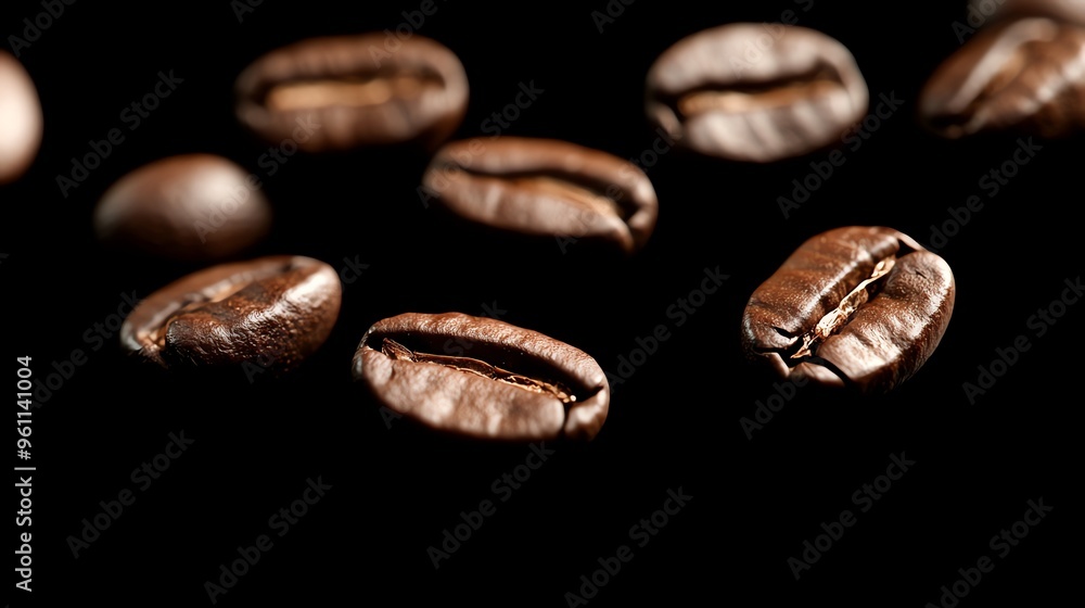 Close-up of roasted coffee beans scattered on a black background. Close-up of roasted coffee beans scattered on a black background.