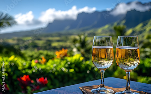 “Two Glasses of Champagne on a Table with a Mountain View” 