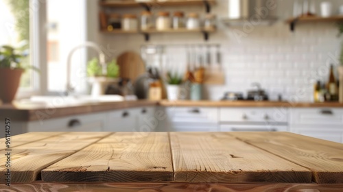 Free space table with blurred kitchen background