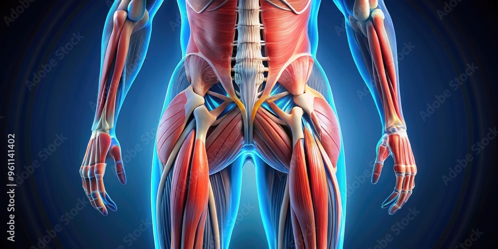 3D illustration of the human gluteal region, showcasing the anatomy of ...