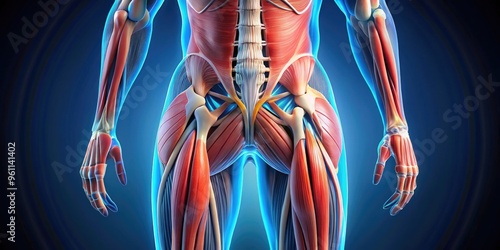 3D illustration of the human gluteal region, showcasing the anatomy of the maximus, medius, and minimus muscles, with detailed labeling and vibrant coloration. photo