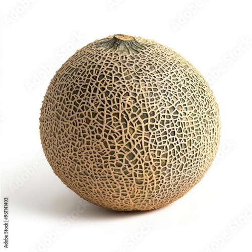 Close up of a whole cantaloupe melon with a rough, netted rind on a white background.