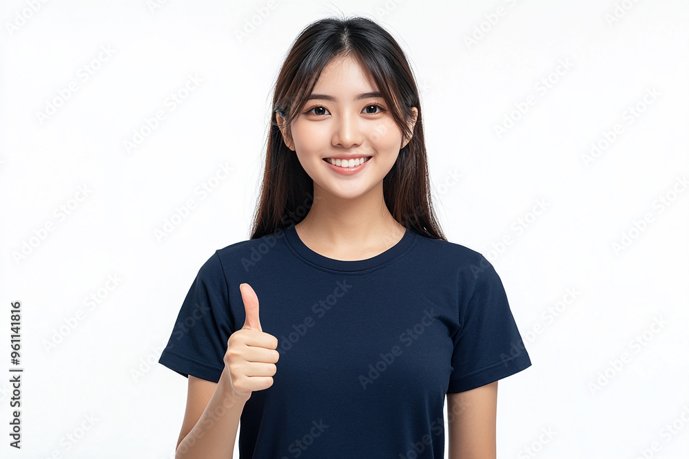 Asian woman with a thumbs-up gesture smiling and standing on a white background
Asian woman with a thumbs-up gesture smiling and standing on a white background