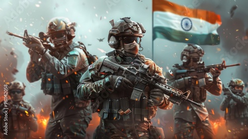 A digital painting of a soldier in full gear, holding a rifle and wearing protective equipment against the backdrop of India flag.