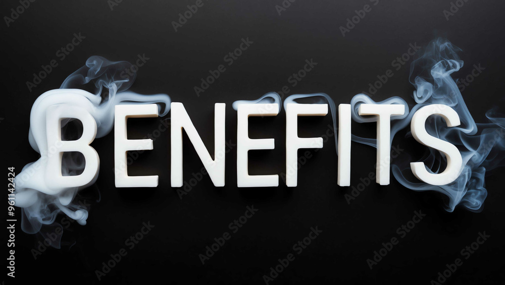 benefits word made of smoke on black background benefits word made of smoke on black background