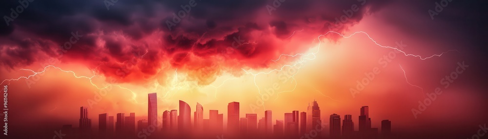 Fototapeta premium A dramatic skyline under ominous clouds, illuminated by vibrant stormlight, capturing the beauty and power of nature.