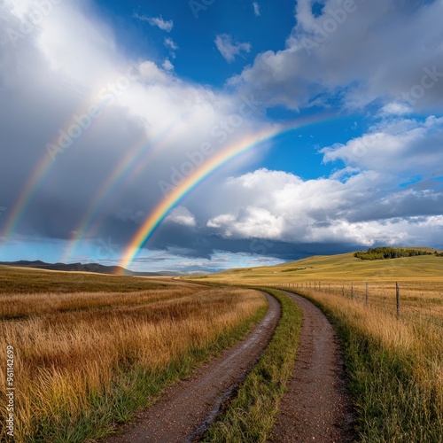 A serene landscape featuring a dirt path, green fields, and vibrant rainbows against a cloudy sky.