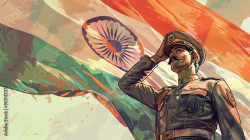 A soldier saluting in front of the Indian flag, detailed background, digital art style with brush strokes
