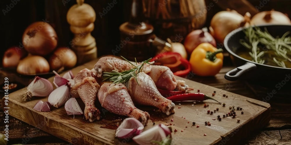Fototapeta premium Raw chicken drumsticks placed on a wooden cutting board alongside onions, peppers, and seasonings.
