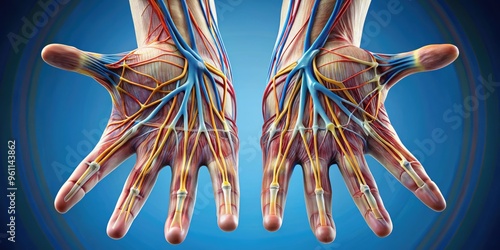 A close-up view of a human hand, palms facing upwards, showcasing intricate anatomy, tendons, and veins, with fingers gently curled and relaxed. photo