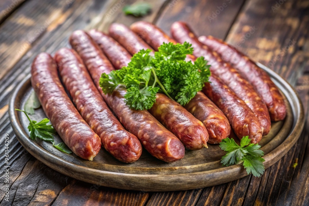A plate of sausages with parsley on top A plate of sausages with parsley on top
