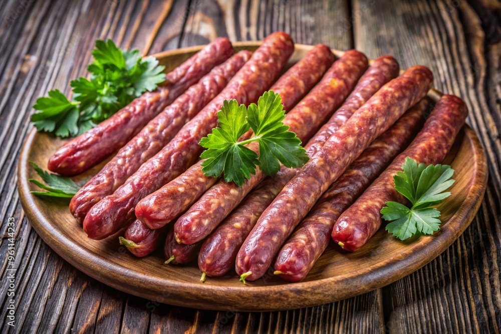 A plate of sausages with parsley on top A plate of sausages with parsley on top
