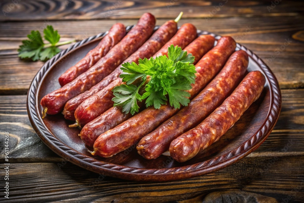 A plate of sausages with parsley on top A plate of sausages with parsley on top