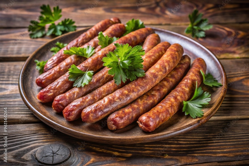 A plate of sausages with parsley on top A plate of sausages with parsley on top