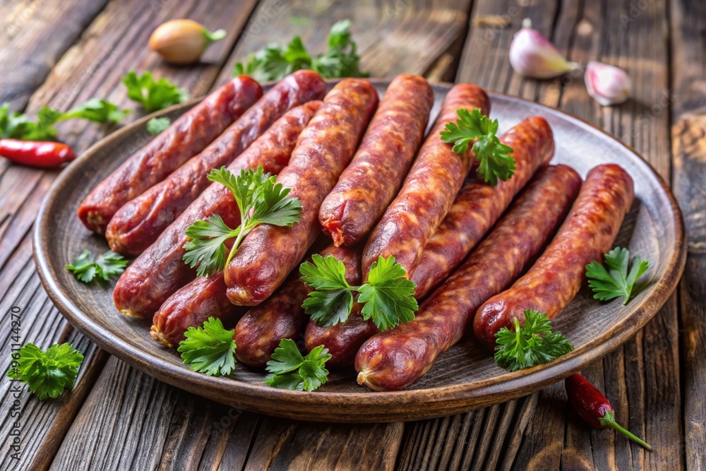 A plate of sausages with parsley on top A plate of sausages with parsley on top