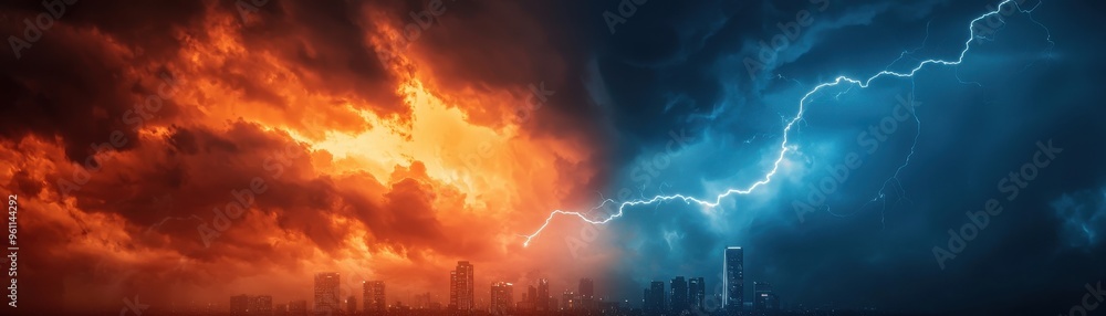 Dramatic sky split between fiery storms and electric blue lightning, capturing nature's raw power and contrasting elements. Dramatic sky split between fiery storms and electric blue lightning, capturing nature's raw power and contrasting elements.