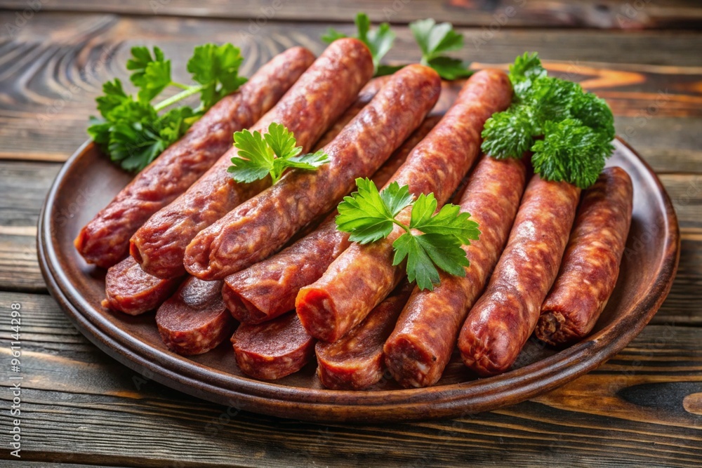 A plate of sausages with parsley on top A plate of sausages with parsley on top