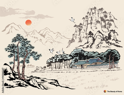 Beautiful Korea, tranquil nature landscape with sunrise and Hanok, ink painting, Korean traditional painting vector illustration.