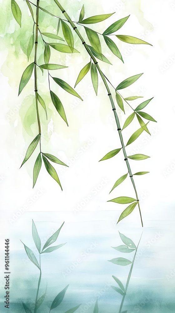 Obraz premium Bamboo by a serene lake, watercolor reflections adding depth and fluidity to the nature-inspired landscape