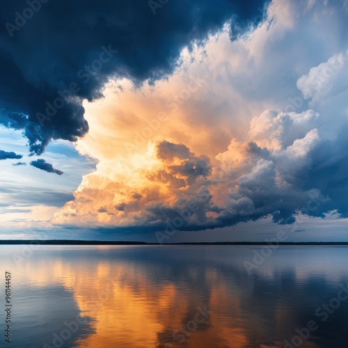 Dramatic sunset over a calm lake, reflecting vibrant clouds and colors, creating a serene and peaceful atmosphere.
