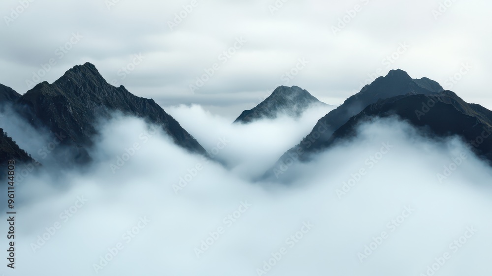 Obraz premium Majestic mountain peaks rise above a sea of soft, billowing clouds under a serene, overcast sky. A tranquil view of nature's beauty.
