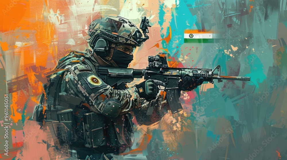 A digital painting of a soldier in full gear, holding a rifle and wearing protective equipment against the backdrop of India flag. A digital painting of a soldier in full gear, holding a rifle and wearing protective equipment against the backdrop of India flag.