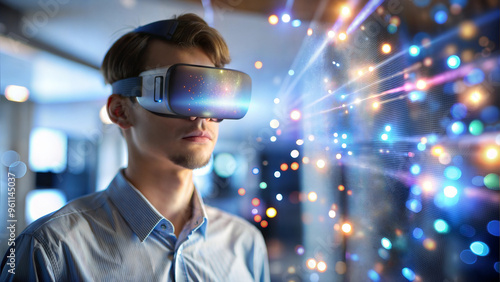 business, technology, virtual reality and people concept - close up of man with virtual reality headset or 3d glasses over office background