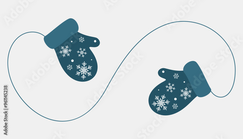 Blue mittens with snowflakes pattern. Warm accessory for winter. Decorative element for Christmas design. Flat vector illustration.