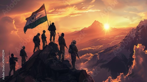 A group of soldiers in uniform stand on top of a mountain holding an Indian flag sunset behind them on the sky. photo