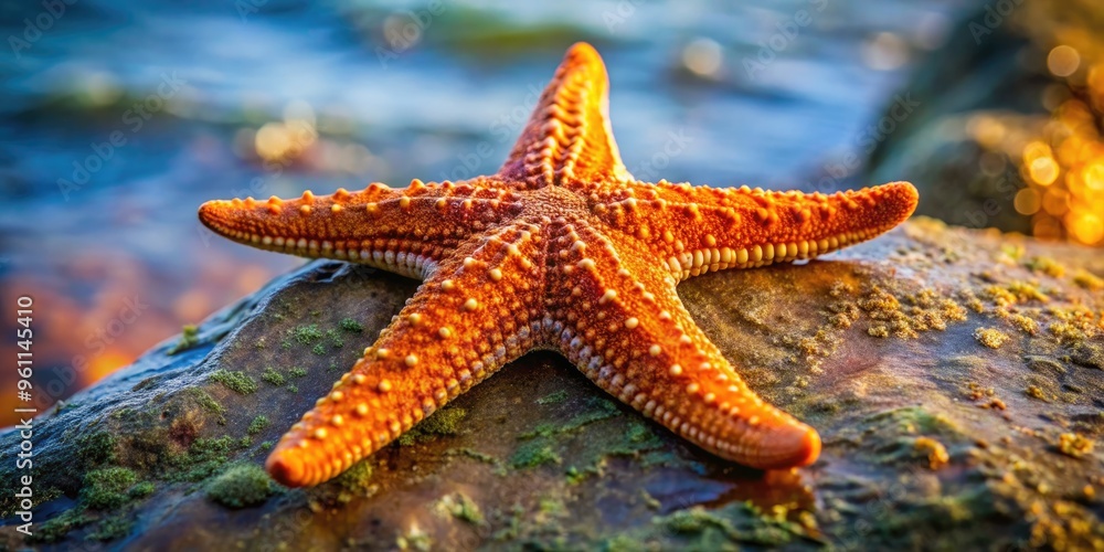 A delicate, isolated starfish with intricate arms and vibrant orange coloration lies on a smooth, weathered rock, evoking a sense of tranquility and oceanic wonder. A delicate, isolated starfish with intricate arms and vibrant orange coloration lies on a smooth, weathered rock, evoking a sense of tranquility and oceanic wonder.