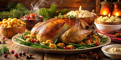 Adequately lit, mouthwatering, golden-brown roasted turkey centerpiece surrounded by steaming vegetables, mashed potatoes, green beans, and savory stuffing on a beautifully set table. photo