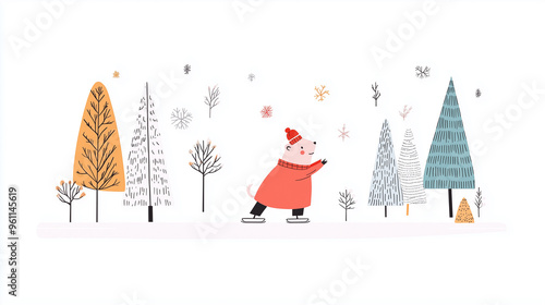 Cute illustration of a bear skating in a winter forest with colorful trees