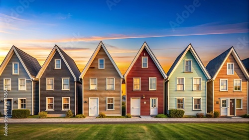 Fototapeta Naklejka Na Ścianę i Meble -  Stylish barnhouses stand out on a street of cozy, small houses