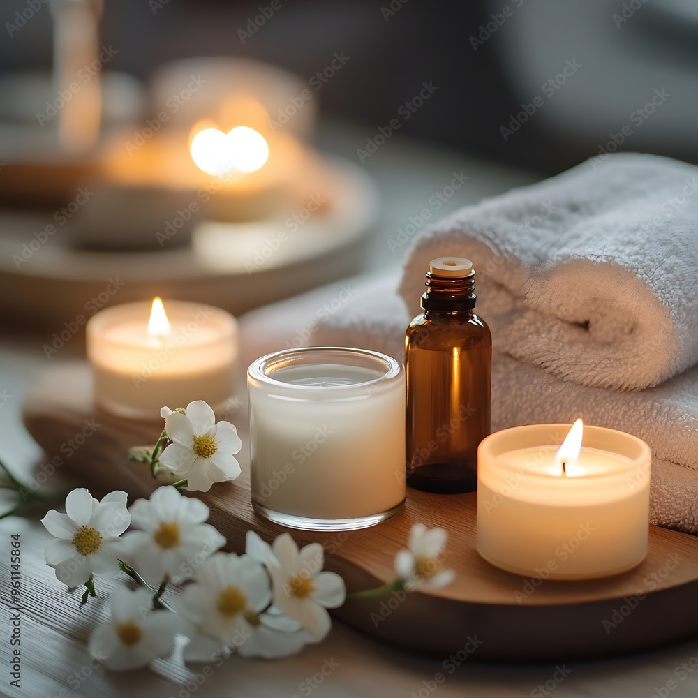 A calming spa setting with candles and essential oils, emphasizing the importance of Self Care and relaxation. A calming spa setting with candles and essential oils, emphasizing the importance of Self Care and relaxation.