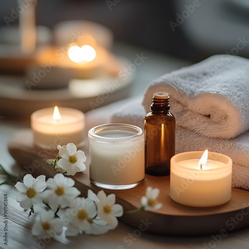 A calming spa setting with candles and essential oils, emphasizing the importance of Self Care and relaxation.