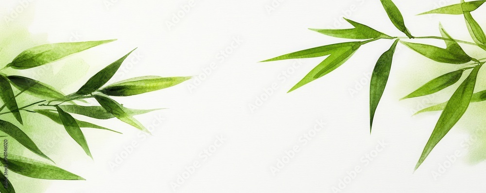 Close-up of bamboo leaves in vivid greens, fine watercolor details highlighting the natural textures and light reflections