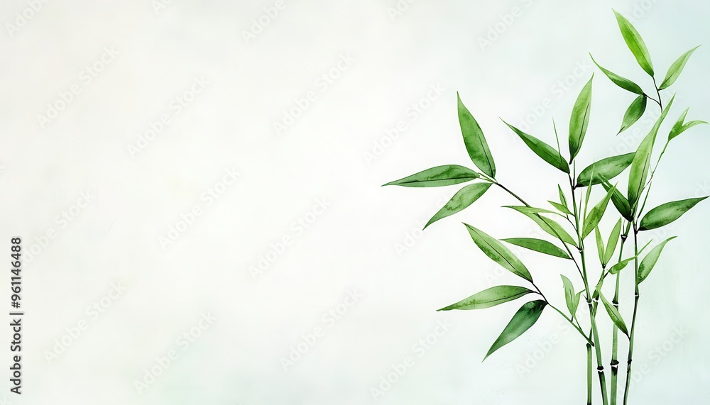 Naklejka premium Minimalist bamboo design in watercolor, soft greens blending into a subtle gradient for a calm, peaceful background