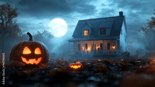 Wallpaper Mural A spooky Halloween scene featuring a carved pumpkin, a haunted house, and a glowing moon under eerie misty skies. Torontodigital.ca