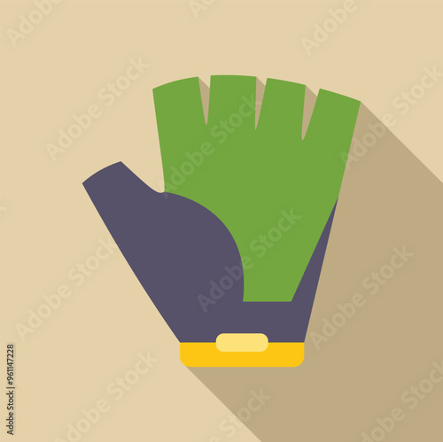 Green fingerless sports glove with short fingers lying flat with long shadow on a light brown background