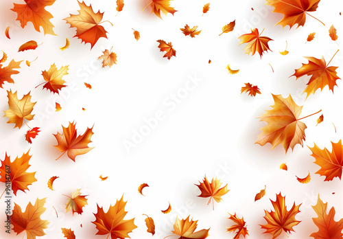 Autumn Banner with Golden Leaves Flying on White Background with copy space