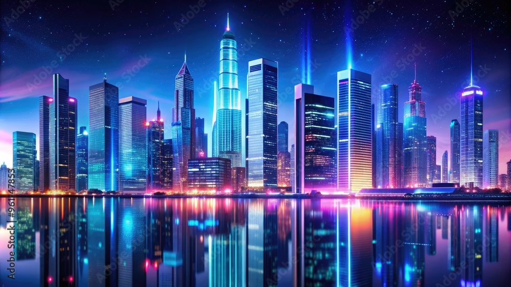 Futuristic city skyline with dazzling neon lights reflecting on glass buildings, neon, skyline, futuristic, cityscape Futuristic city skyline with dazzling neon lights reflecting on glass buildings, neon, skyline, futuristic, cityscape