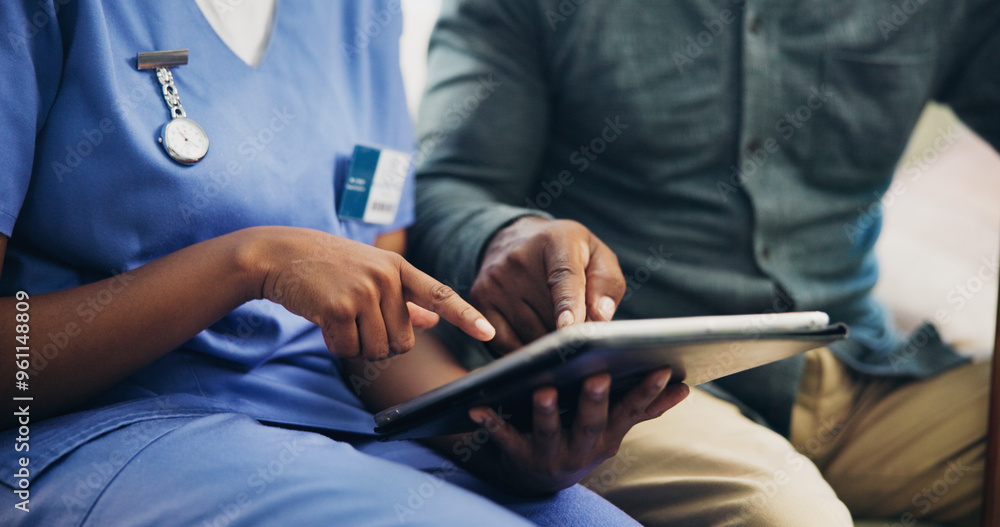 © Azee Jacobs/peopleimages.com - Woman, nurse and hands with patient on tablet for telehealth, prescription or medical history at clinic. Closeup, healthcare employee or caregiver with man on technology for health tips or research