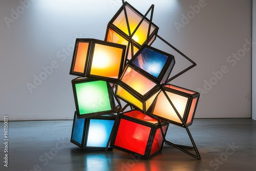 Colorful illuminated glass cubes in abstract sculpture design