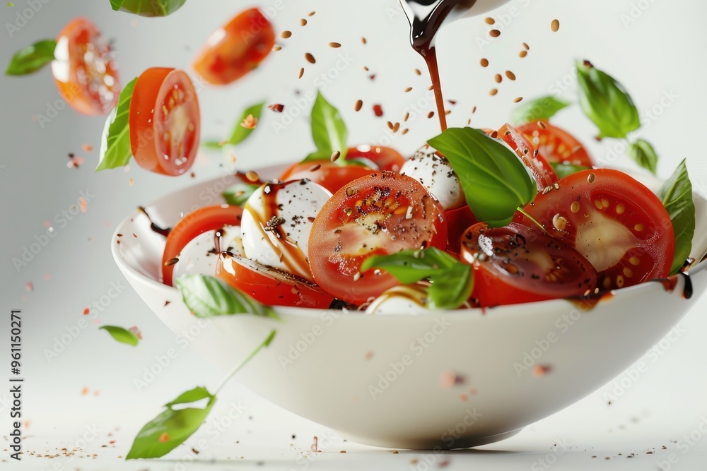 Caprese salad falling into a salad bowl Caprese salad falling into a salad bowl