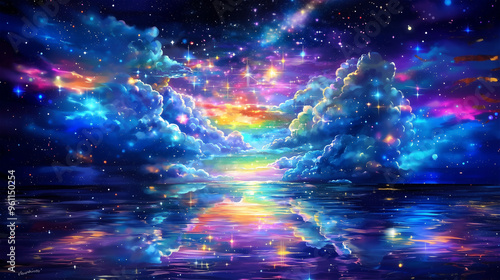 Dreamy Landscape of a Fantasy Night Sky and Reflective Water